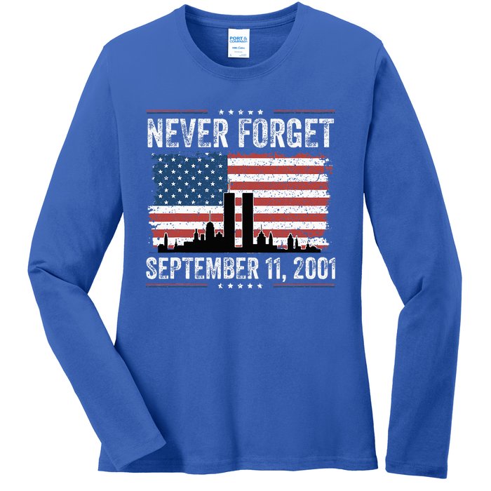 Never Forget September 11 2001 Memorial Day American Flag Ladies Long Sleeve Shirt