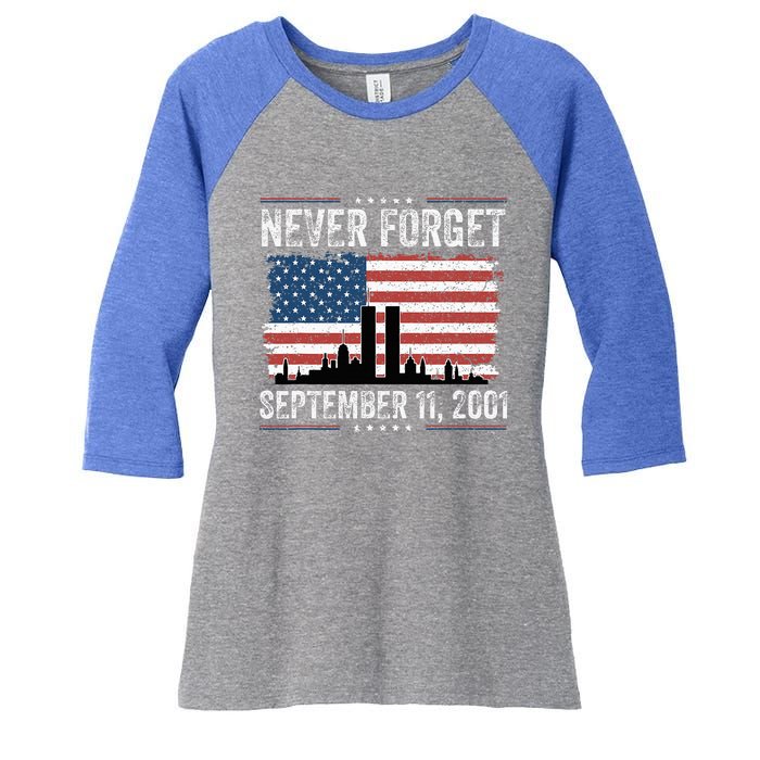 Never Forget September 11 2001 Memorial Day American Flag Women's Tri-Blend 3/4-Sleeve Raglan Shirt