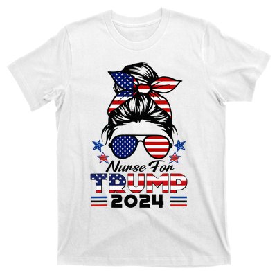 Nurses For Trump 2024 Messy Bun Nurse Usa Flag T-Shirt