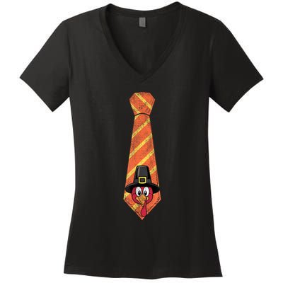 Necktie Funny Thanksgiving Tie With Turkey For Family Dinner Women's V-Neck T-Shirt