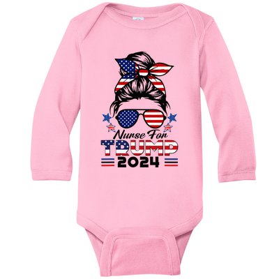 Nurses For Trump 2024 Messy Bun Nurse Usa Flag Baby Long Sleeve Bodysuit