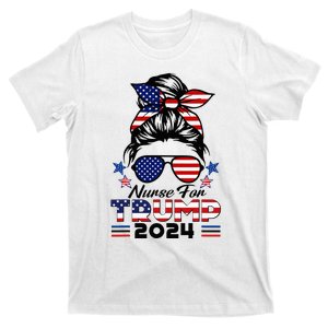 Nurses For Trump 2024 Messy Bun Nurse Usa Flag T-Shirt