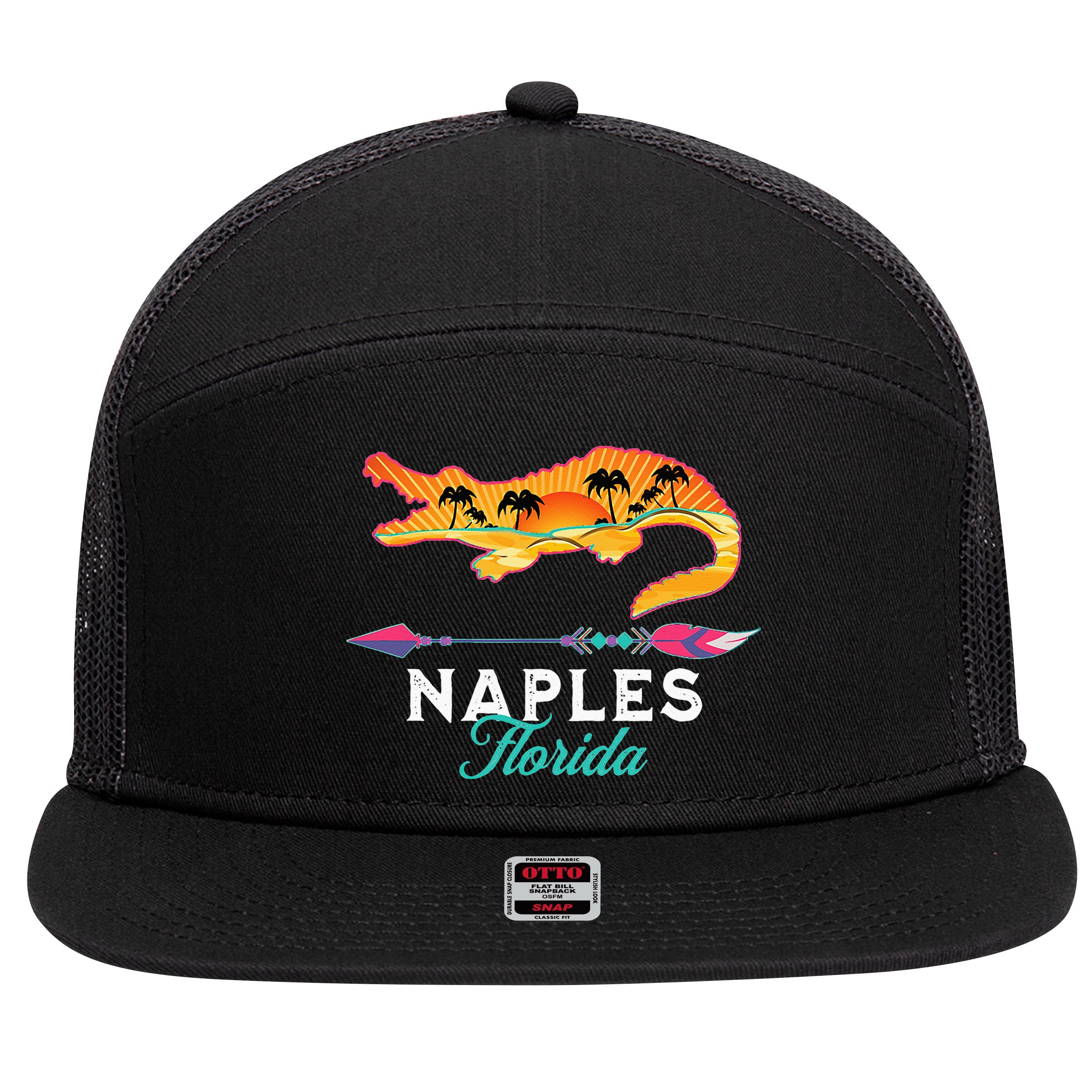 Naples Florida USA Alligator Sunset Palm Trees Souvenir 7 Panel Mesh Trucker Snapback Hat