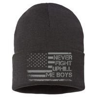 Never Fight Uphill Me Boy Funny Trump 2024 Sustainable Knit Beanie