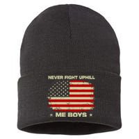 Never Fight Uphill Me Boy Funny Trump 2024 Sustainable Knit Beanie