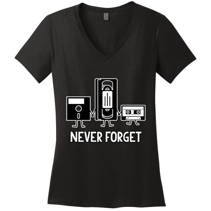 Never Forget Vintage Floppy Disk Vhs Tape 90s 80s Cassette Women's V-Neck T-Shirt