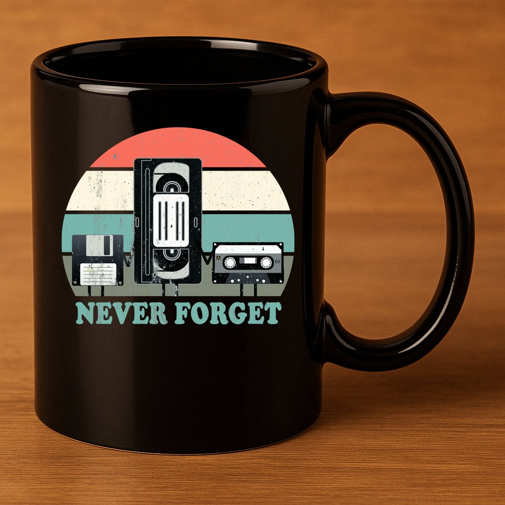 Never Forget VHS, Cassette, Floppy Disc Old School Retro 11oz C Handle Ceramic Mug
