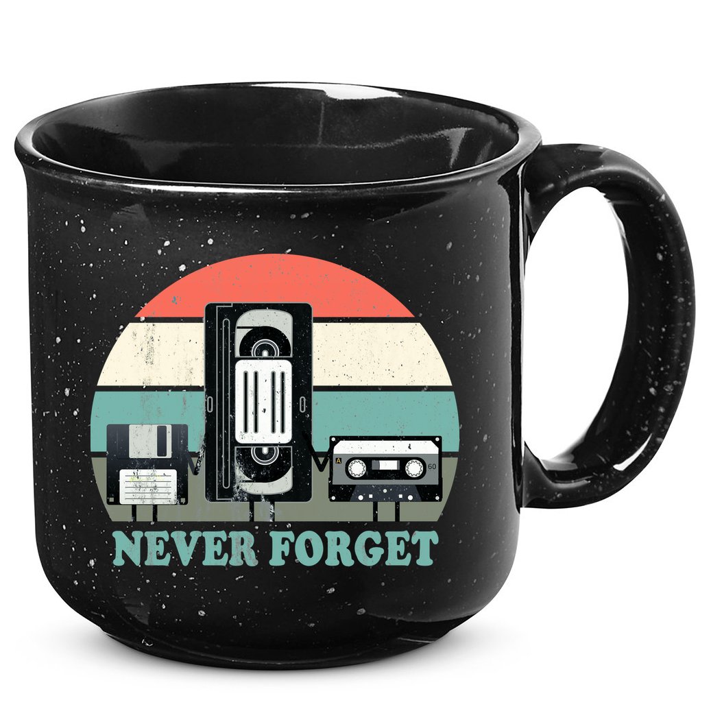 Never Forget VHS, Cassette, Floppy Disc Old School Retro 15oz Campfire Ceramic Mug