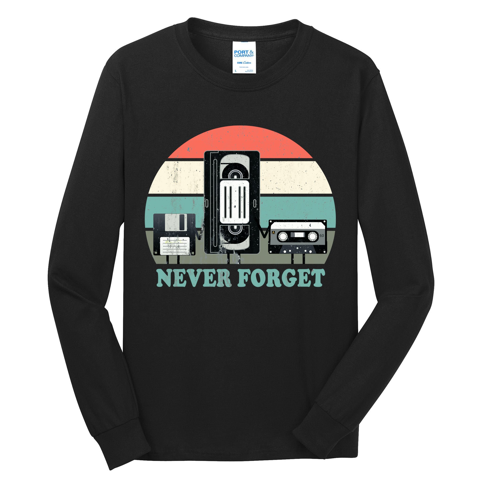Never Forget VHS, Cassette, Floppy Disc Old School Retro Tall Long Sleeve T-Shirt