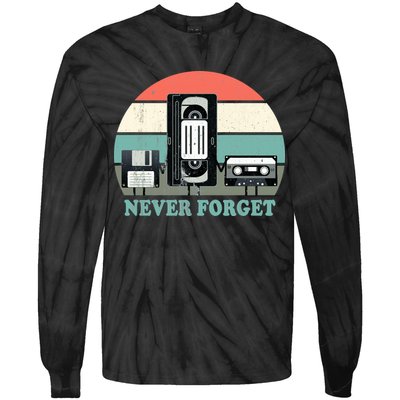 Never Forget VHS, Cassette, Floppy Disc Old School Retro Tie-Dye Long Sleeve Shirt