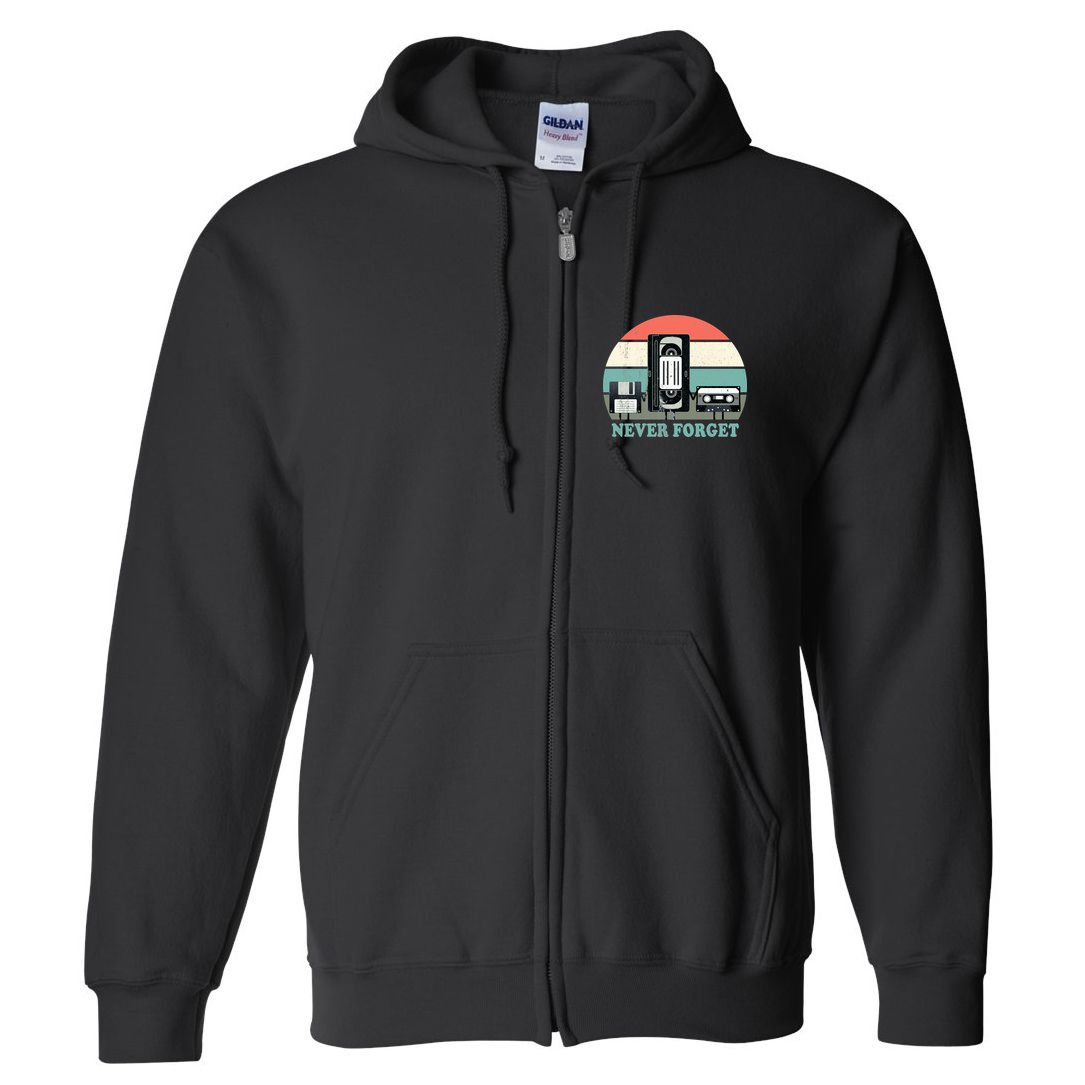 Never Forget VHS, Cassette, Floppy Disc Old School Retro Full Zip Hoodie