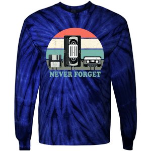 Never Forget VHS, Cassette, Floppy Disc Old School Retro Tie-Dye Long Sleeve Shirt