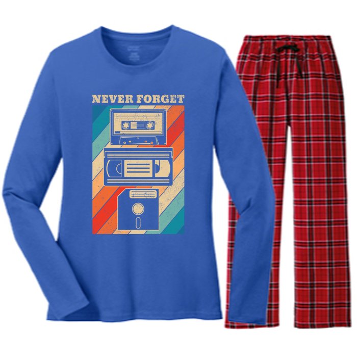 Never Forget Vintage Floppy Disk Vhs Tape 90s 80s Cassette Great Gift Women's Long Sleeve Flannel Pajama Set 