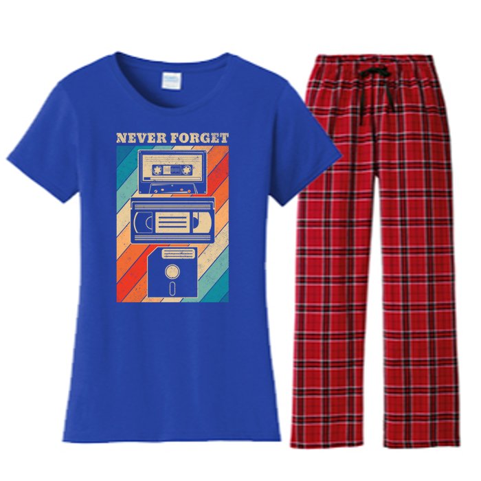 Never Forget Vintage Floppy Disk Vhs Tape 90s 80s Cassette Great Gift Women's Flannel Pajama Set