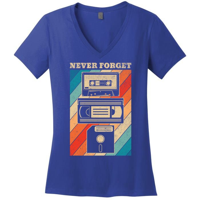 Never Forget Vintage Floppy Disk Vhs Tape 90s 80s Cassette Great Gift Women's V-Neck T-Shirt