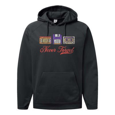 Never Forget Vintage Floppy Disk Vhs Tape 80s Cassette Retro Performance Fleece Hoodie