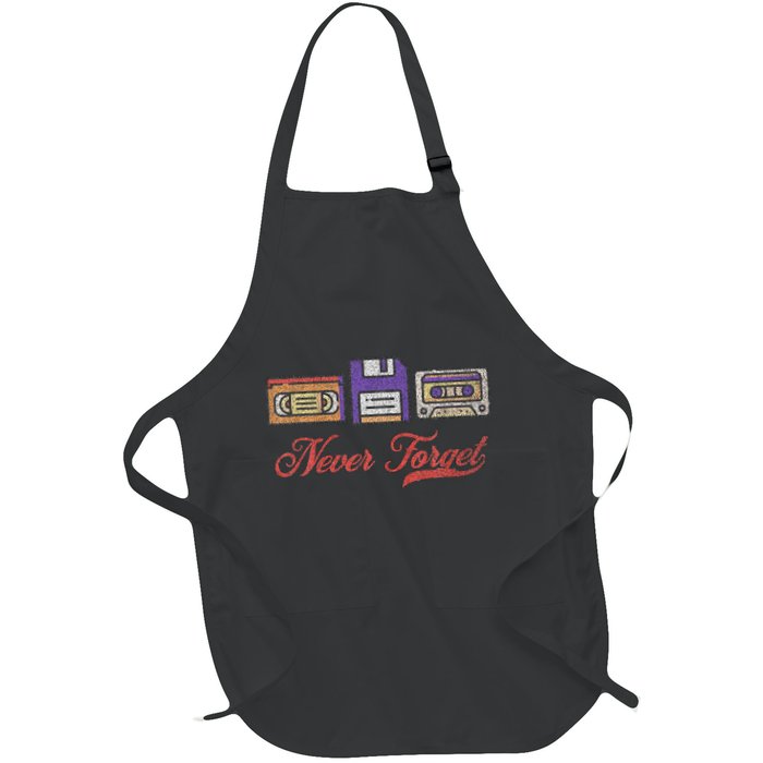 Never Forget Vintage Floppy Disk Vhs Tape 80s Cassette Retro Full-Length Apron With Pockets