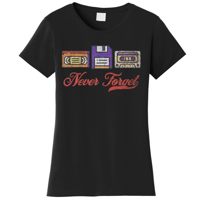 Never Forget Vintage Floppy Disk Vhs Tape 80s Cassette Retro Women's T-Shirt