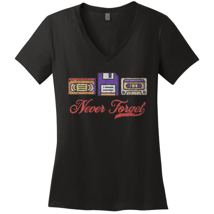 Never Forget Vintage Floppy Disk Vhs Tape 80s Cassette Retro Women's V-Neck T-Shirt