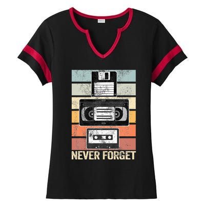 Never Forget Vintage Floppy Disk Vhs Tape 90s 80s Cassette Ladies Halftime Notch Neck Tee