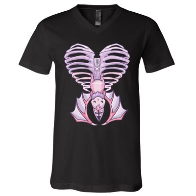 Nu Goth Aesthetic Cute Pastel Goth Bat Ribcage V-Neck T-Shirt