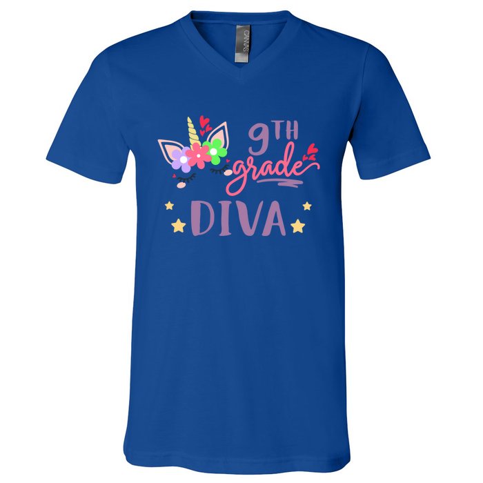 Nineth Grade Diva First Day Of School Unicorn Magical Gift V-Neck T-Shirt