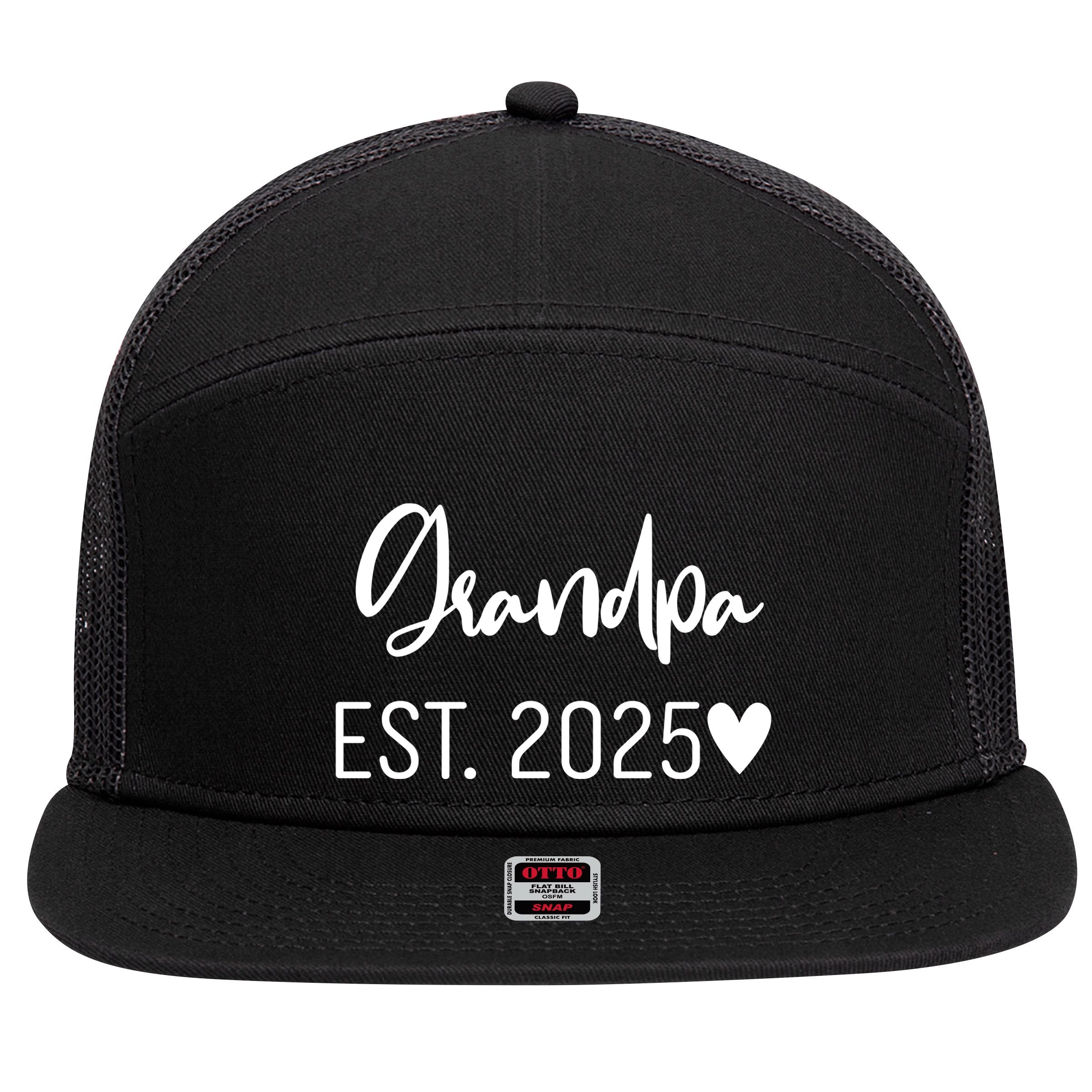 New Grandpa Est. 2025 7 Panel Mesh Trucker Snapback Hat