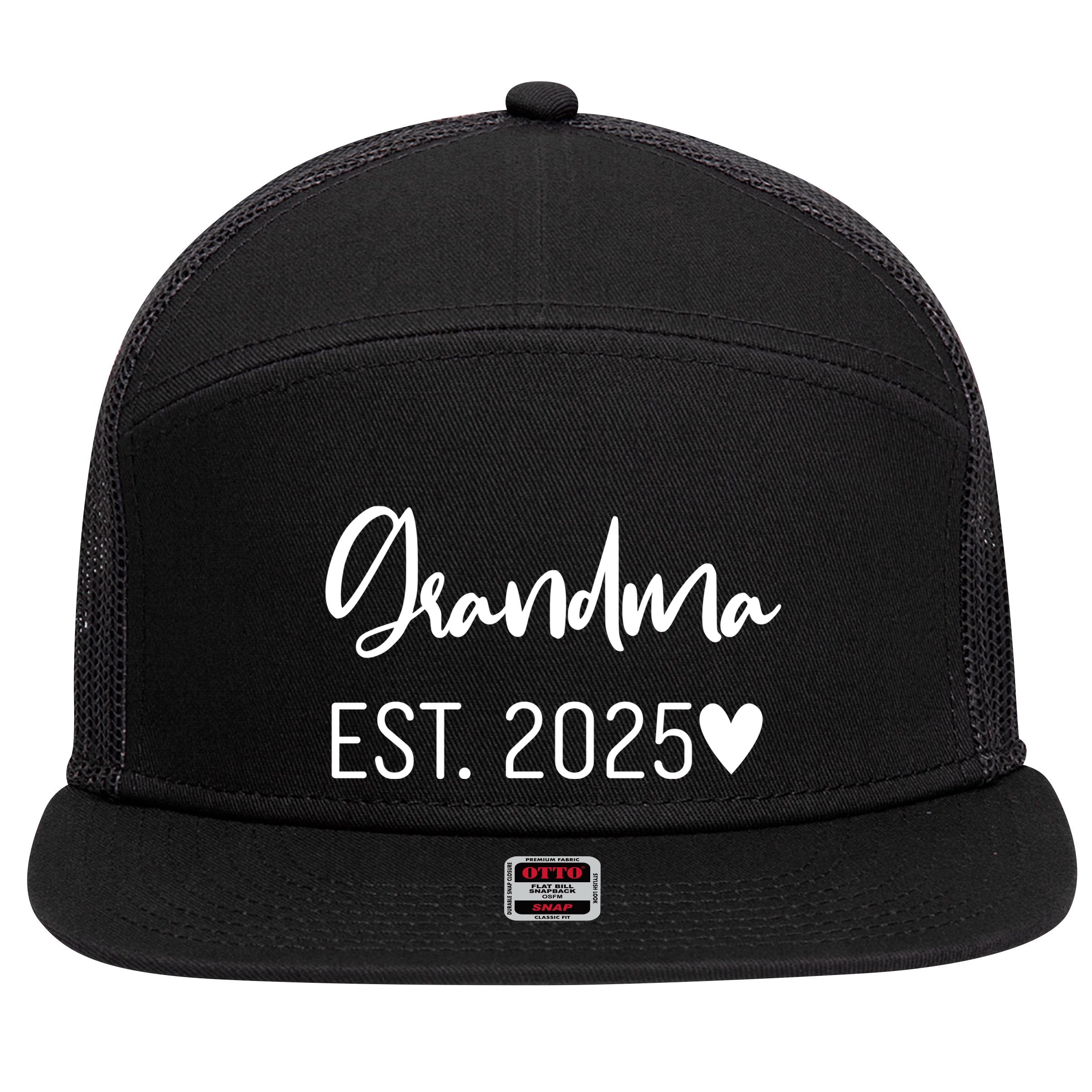 New Grandma Est. 2025 7 Panel Mesh Trucker Snapback Hat
