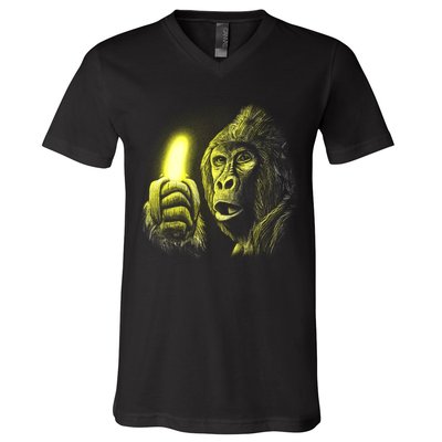Neon Gorilla Holding Banana V-Neck T-Shirt