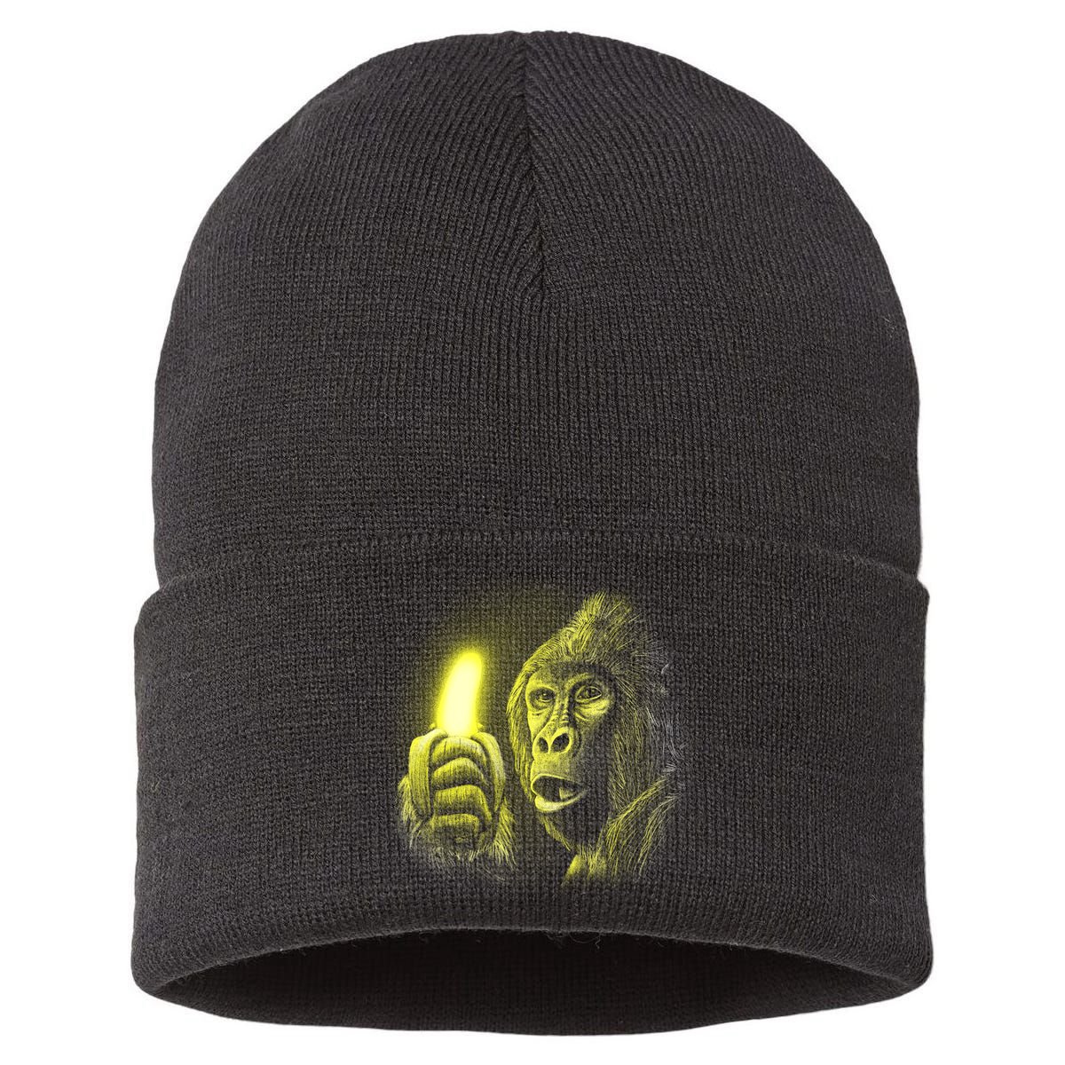 Neon Gorilla Holding Banana Sustainable Knit Beanie