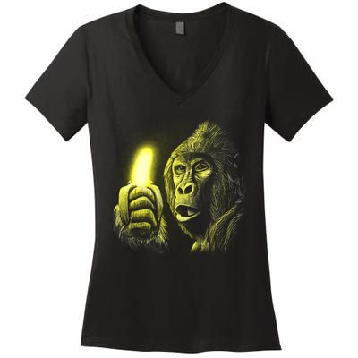 Neon Gorilla Holding Banana Women's V-Neck T-Shirt