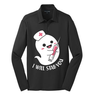 Nurse Ghost I Will Stab You Funny Halloween Costume Gift Silk Touch Performance Long Sleeve Polo