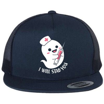 Nurse Ghost I Will Stab You Funny Halloween Costume Gift Flat Bill Trucker Hat