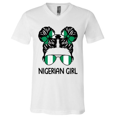 Nigerian Girl Messy Hair Nigeria Pride Patriotic Womens Kids V-Neck T-Shirt