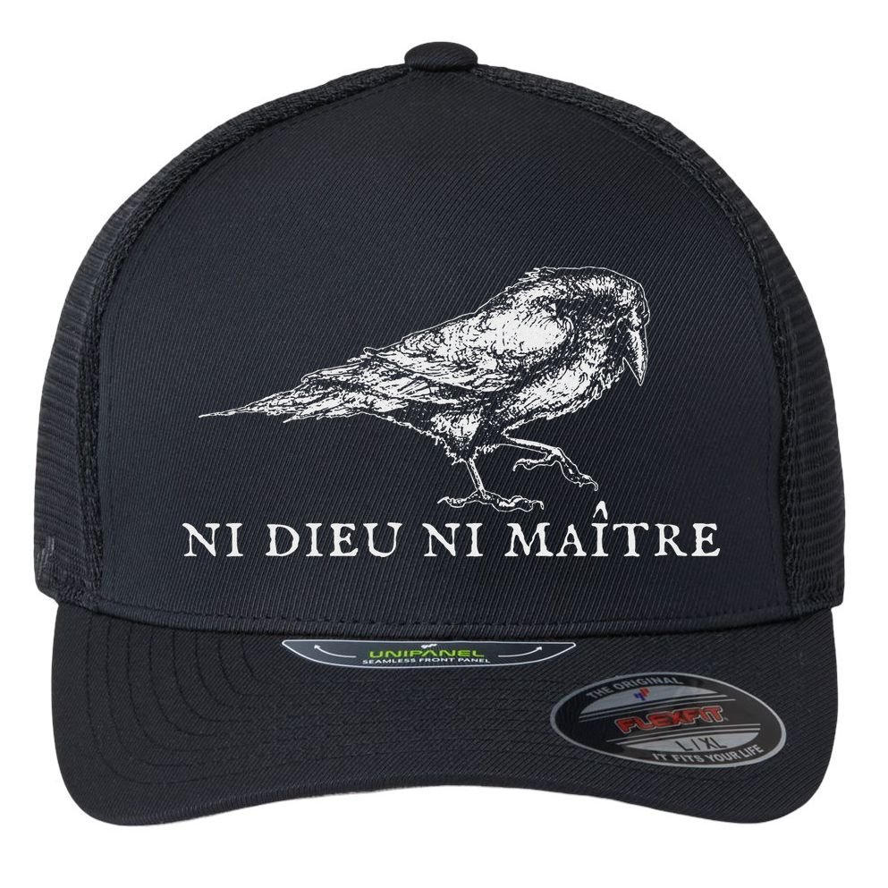 No God No  Ni Dieu Ni Maitre Retro Crow Bird Flexfit Unipanel Trucker Cap