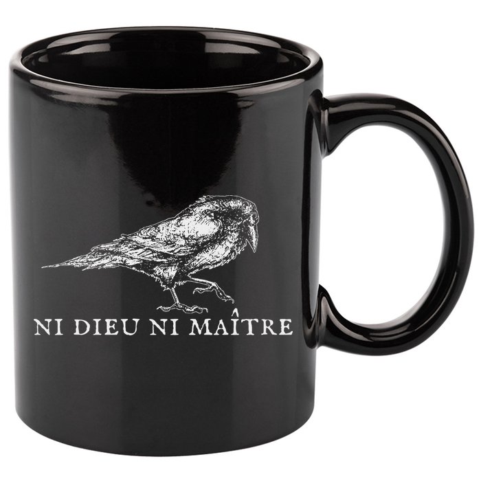 No God No  Ni Dieu Ni Maitre Retro Crow Bird 11oz C Handle Ceramic Mug