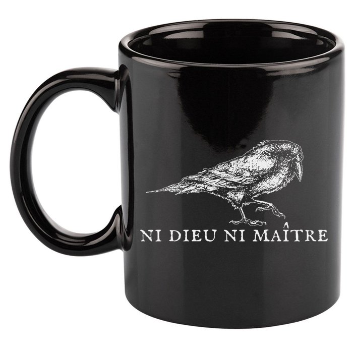 No God No  Ni Dieu Ni Maitre Retro Crow Bird 11oz C Handle Ceramic Mug