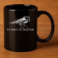 No God No  Ni Dieu Ni Maitre Retro Crow Bird 11oz C Handle Ceramic Mug