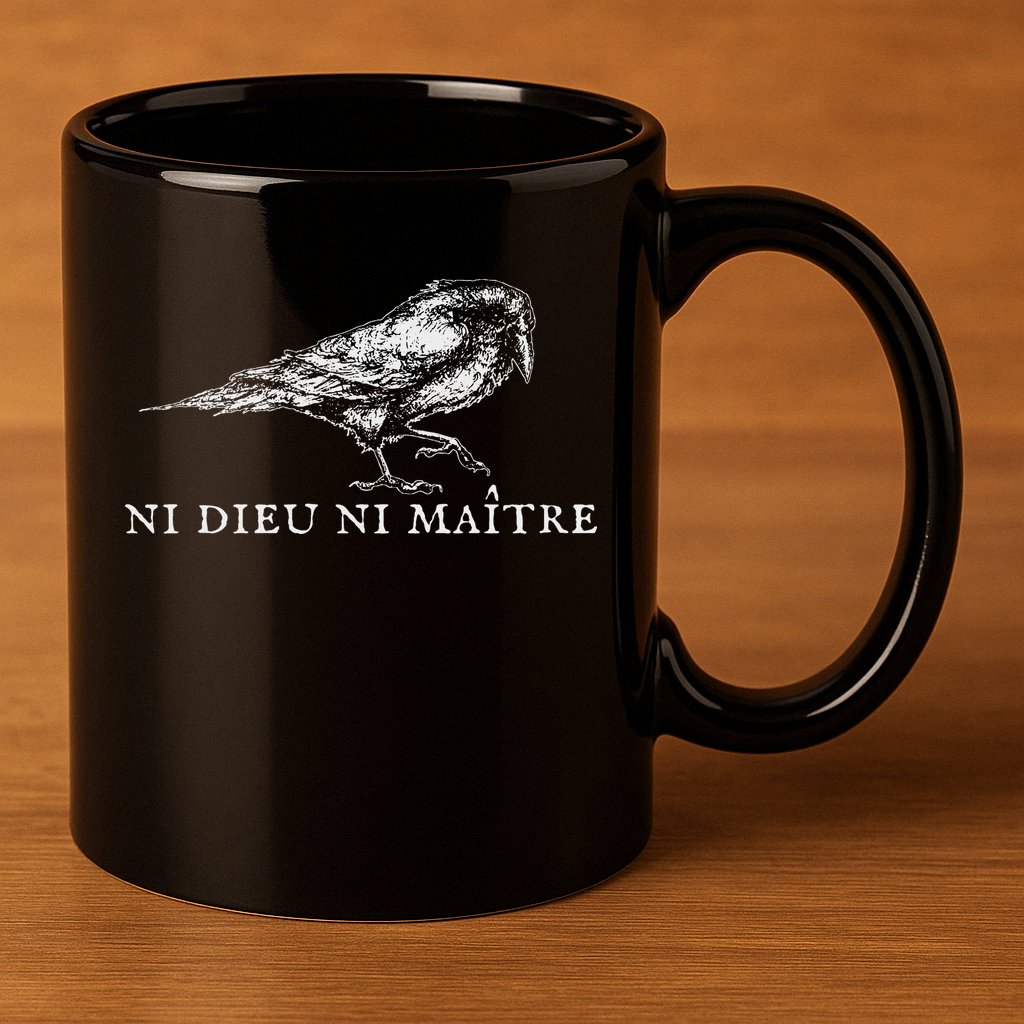 No God No  Ni Dieu Ni Maitre Retro Crow Bird 11oz C Handle Ceramic Mug