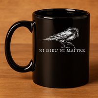 No God No  Ni Dieu Ni Maitre Retro Crow Bird 11oz C Handle Ceramic Mug