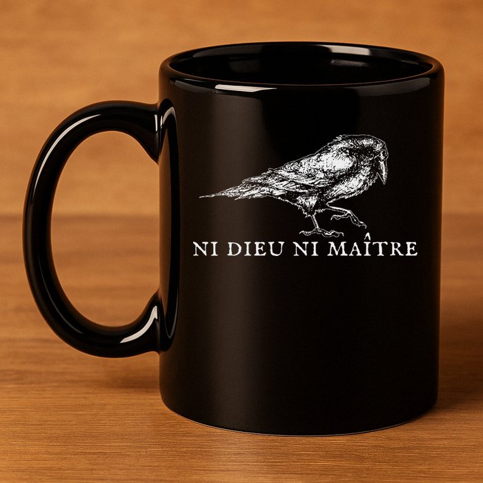 No God No  Ni Dieu Ni Maitre Retro Crow Bird 11oz C Handle Ceramic Mug