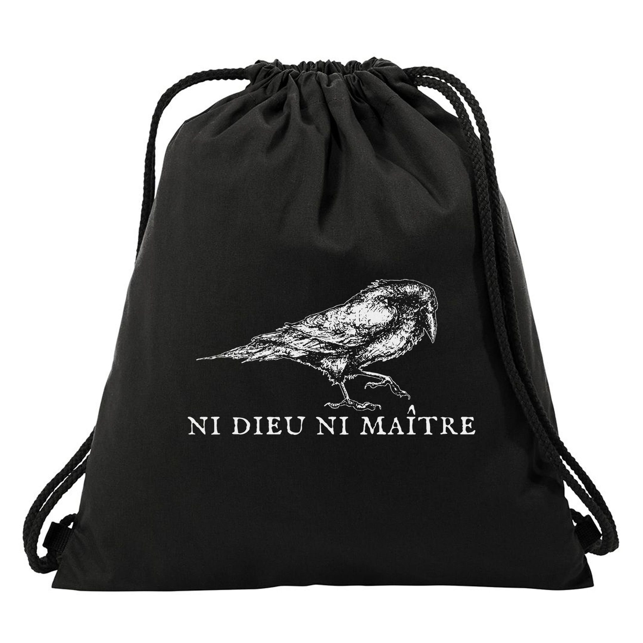 No God No  Ni Dieu Ni Maitre Retro Crow Bird Drawstring Bag