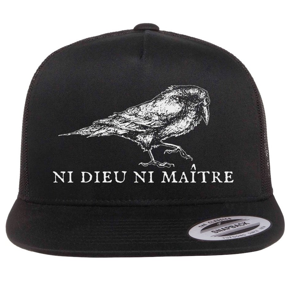 No God No  Ni Dieu Ni Maitre Retro Crow Bird Flat Bill Trucker Hat