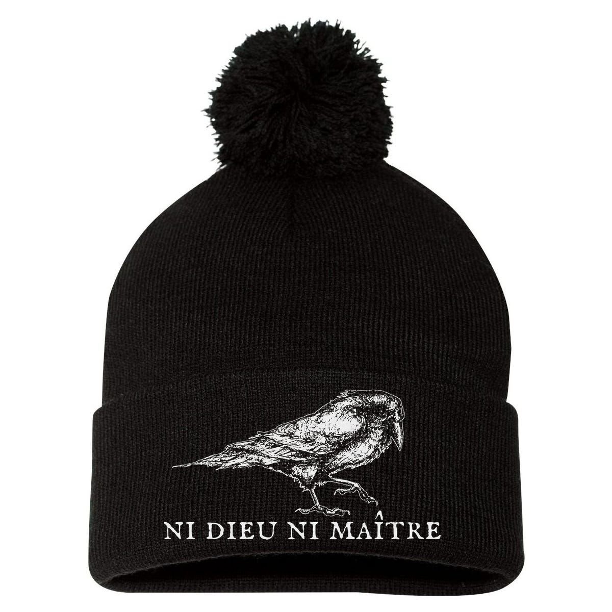 No God No  Ni Dieu Ni Maitre Retro Crow Bird Pom Pom 12in Knit Beanie