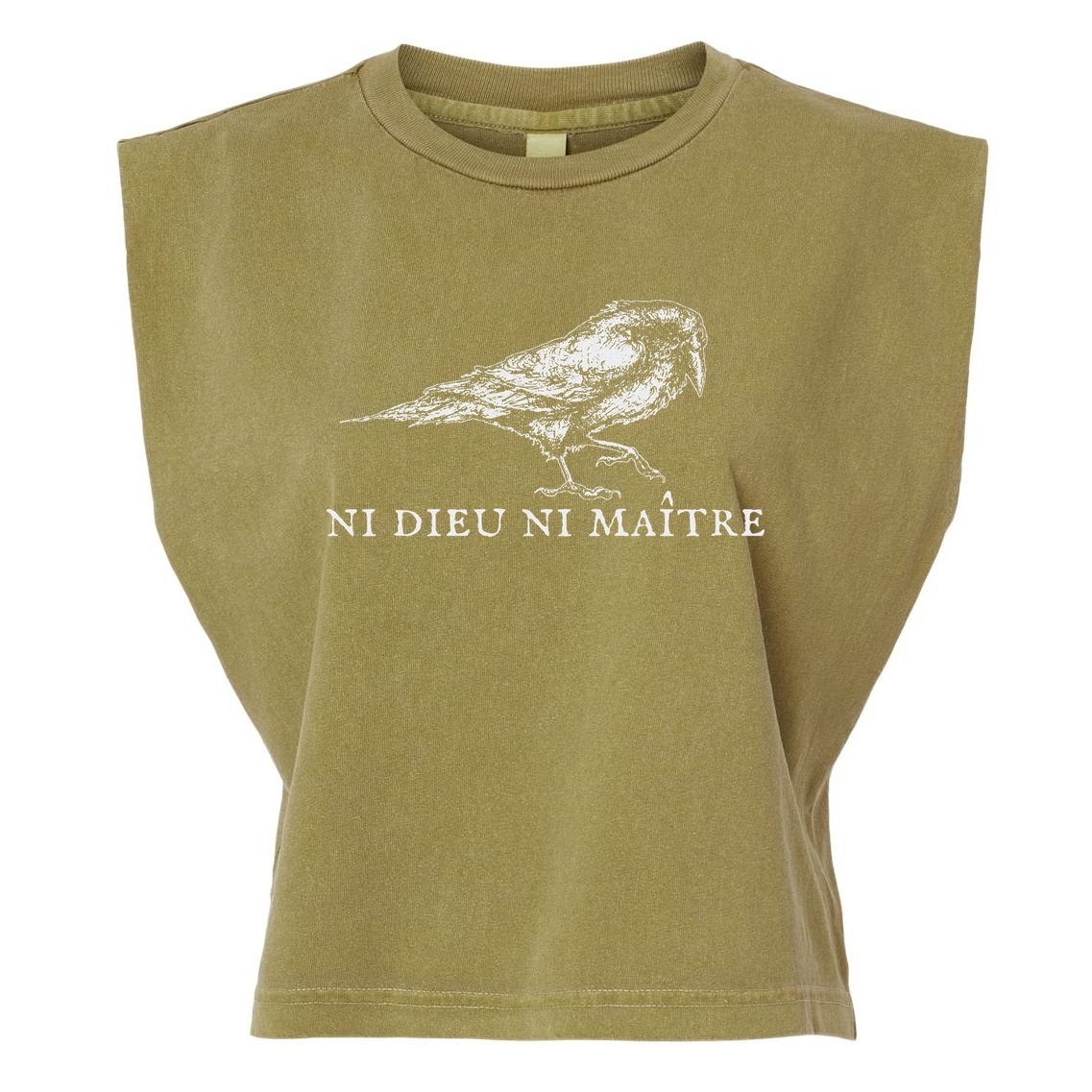 No God No  Ni Dieu Ni Maitre Retro Crow Bird Garment-Dyed Women's Muscle Tee