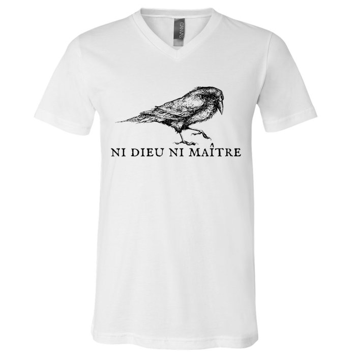 No God No Master Ni Dieu Ni Maitre Retro Crow Bird V-Neck T-Shirt