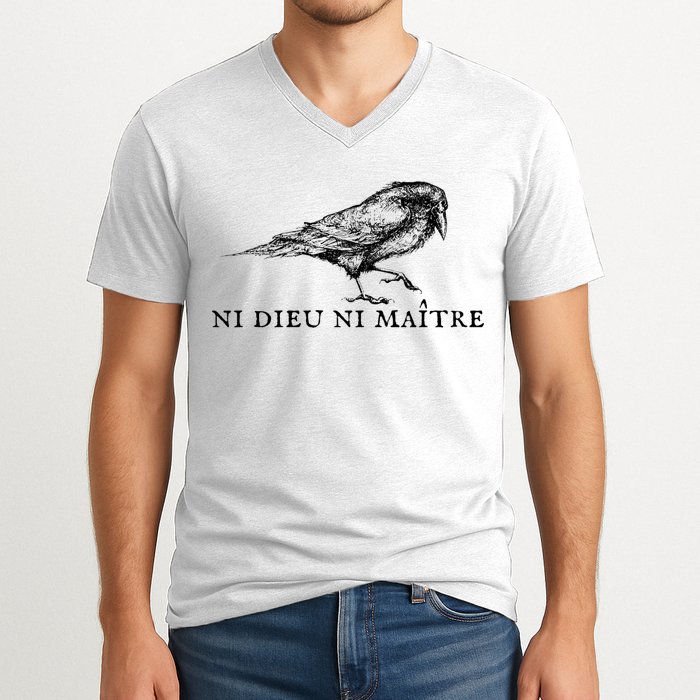 No God No Master Ni Dieu Ni Maitre Retro Crow Bird V-Neck T-Shirt