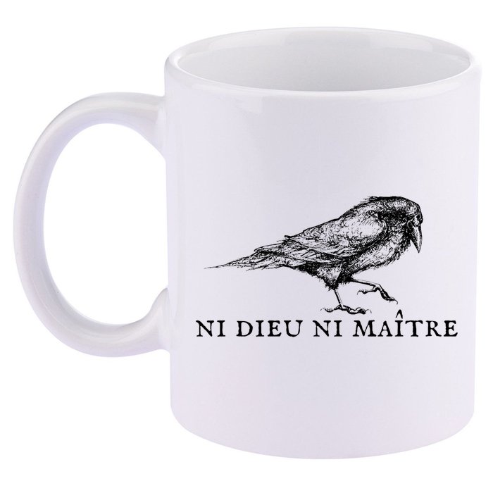 No God No Master Ni Dieu Ni Maitre Retro Crow Bird 11oz C Handle Ceramic Mug