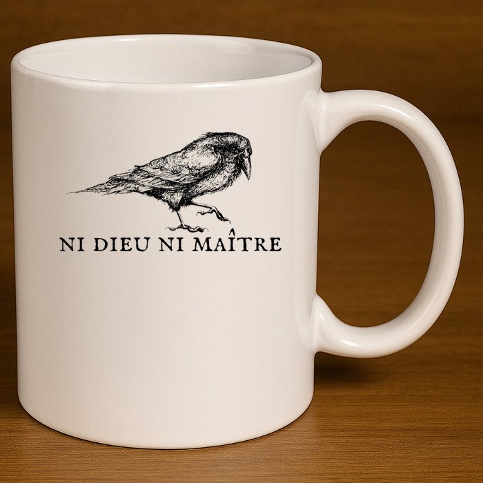 No God No Master Ni Dieu Ni Maitre Retro Crow Bird 11oz C Handle Ceramic Mug