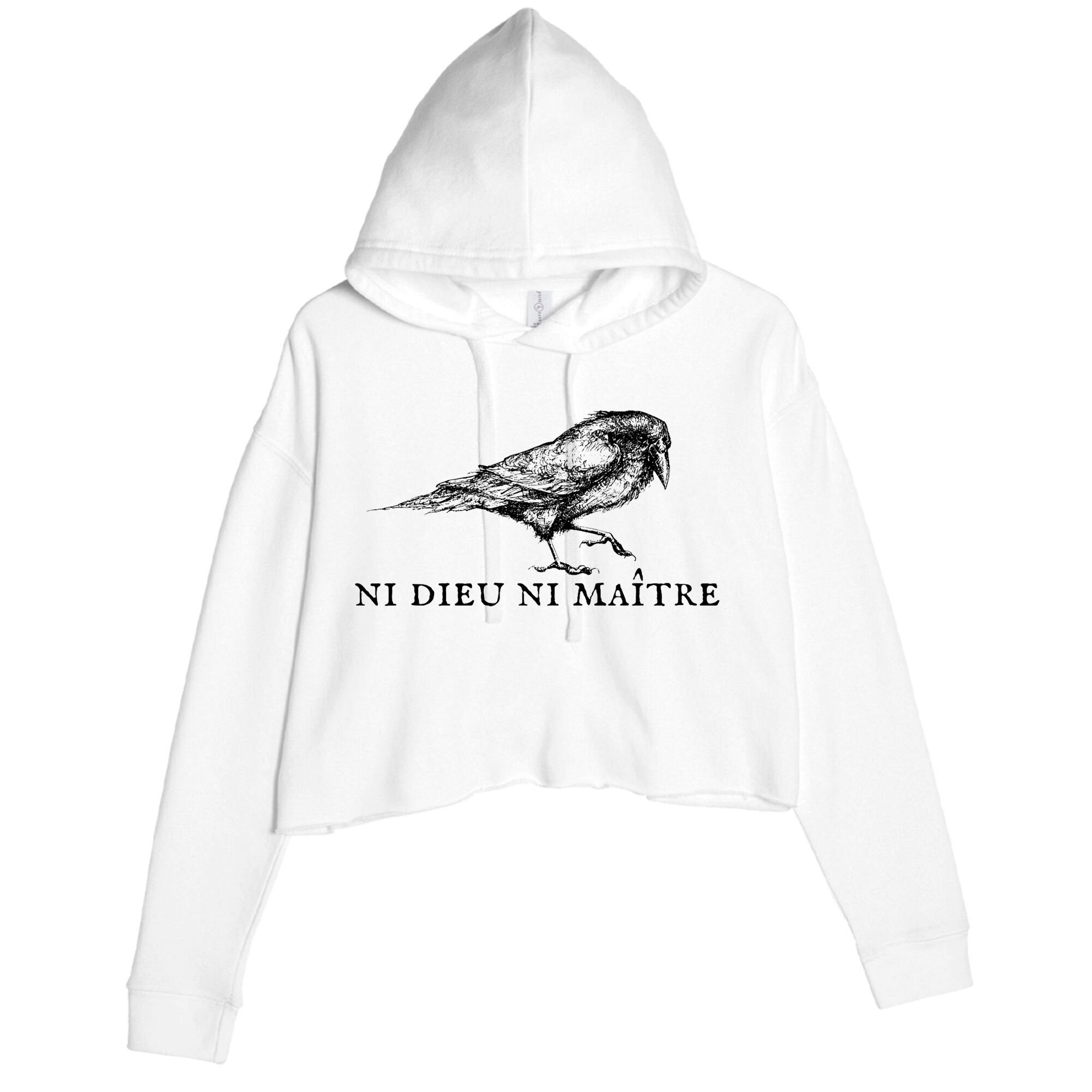 No God No Master Ni Dieu Ni Maitre Retro Crow Bird Crop Fleece Hoodie
